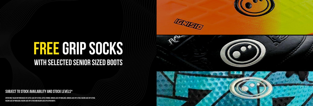 Free Grip Socks feature banner offering free socks with selected senior Optimum boots, boot close-ups - Optimum