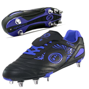All-black Optimum Razor rugby boot with screw-in studs, side view on white background - Optimum