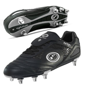 All-black Optimum Razor rugby boot showing grey sole and eight studs on white background - Optimum