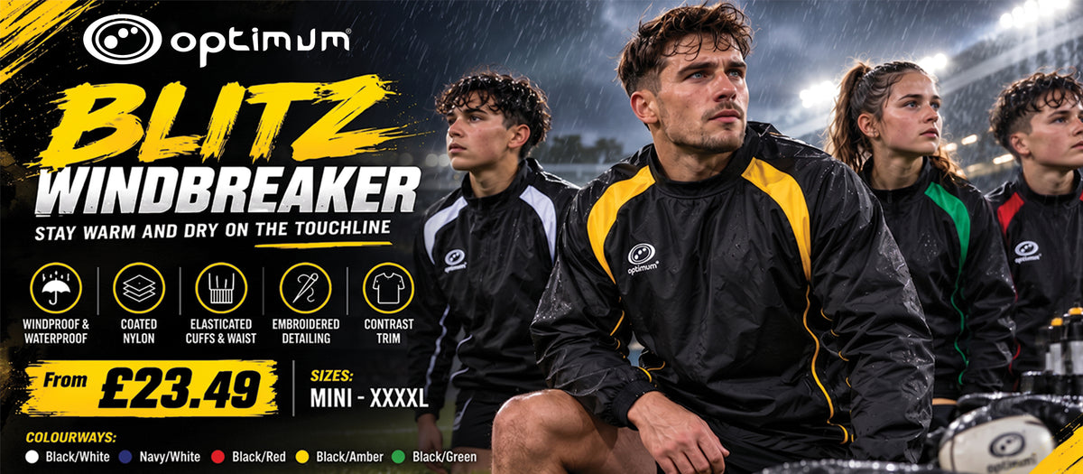 Blitz Windbreaker promo banner, players in black and yellow Optimum jackets on the touchline, from £23.49 - Optimum