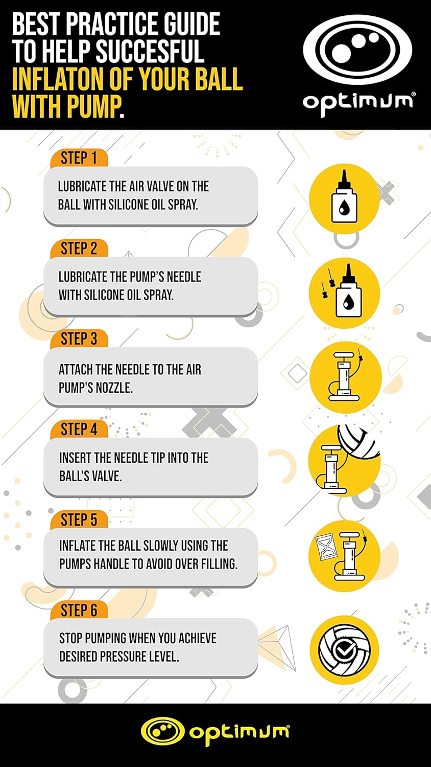 Feature graphic: 6-step Optimum guide to inflating a ball with a pump, black and yellow with icons - Optimum