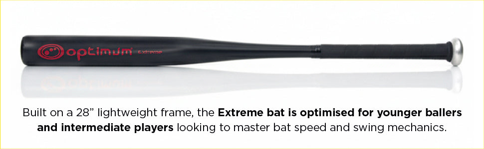 Info graphic: black Extreme bat, 28in lightweight frame optimised for younger and intermediate players - Optimum