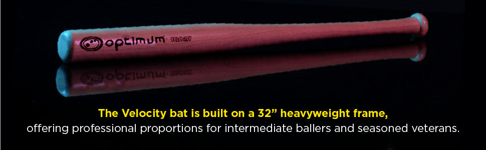 Info graphic: red Optimum Velocity bat on black - built on a 32in heavyweight frame - Optimum