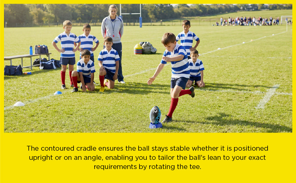 Feature graphic: junior team as boy takes conversion off blue tee; contoured cradle stability text - Optimum