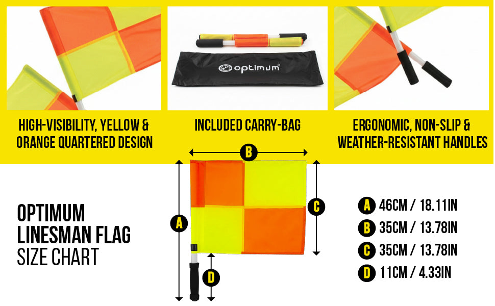 Optimum linesman flag size guide with dimensions and feature callouts for hi-vis flags and carry bag - Optimum