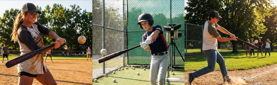 Players swinging the black Optimum Extreme baseball bat in outdoor batting practice - Optimum