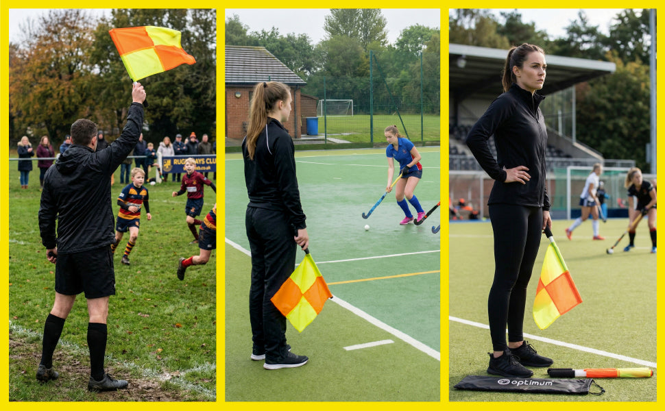Three-photo feature graphic of assistant referees holding orange and yellow chequered linesman flags pitchside - Optimum