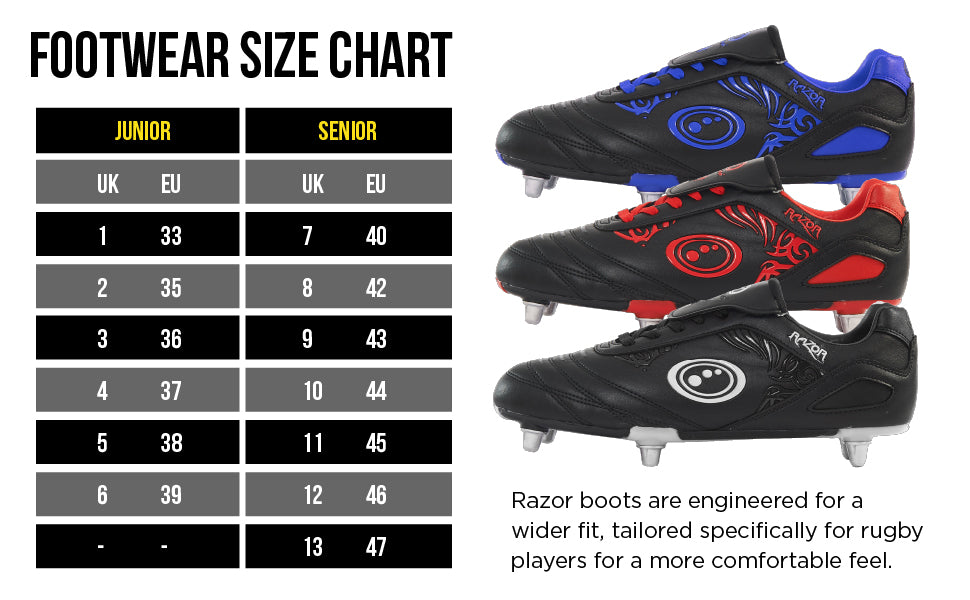 Footwear size guide (junior and senior UK-EU) for Razor rugby boots in blue, red and black - Optimum