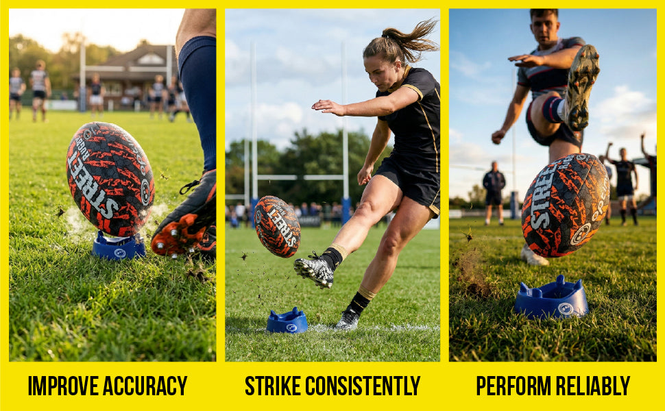 Feature graphic: three kicking panels labelled Improve Accuracy, Strike Consistently, Perform Reliably - Optimum