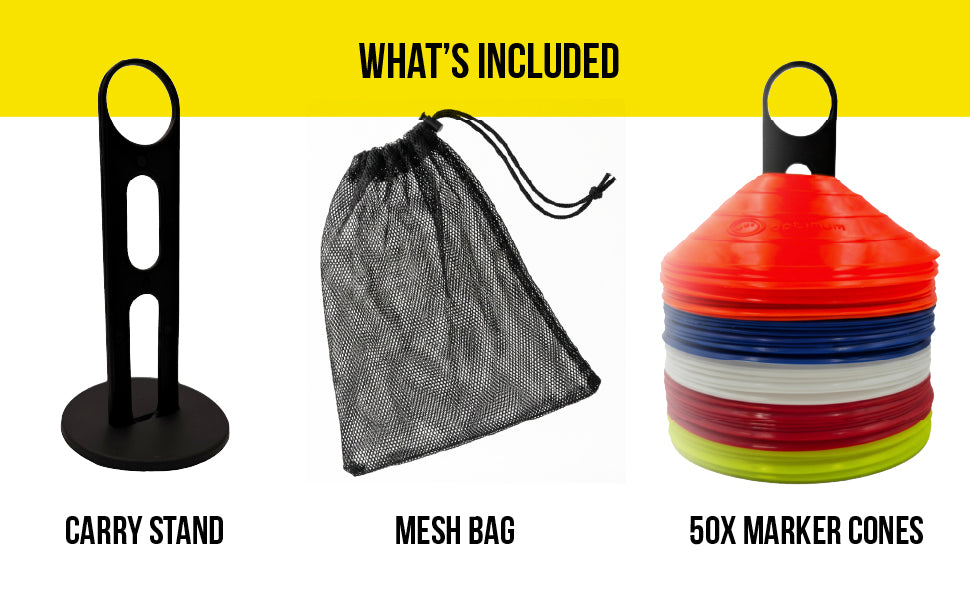 What's Included graphic: black carry stand, mesh bag and 50 coloured saucer marker cones - Optimum