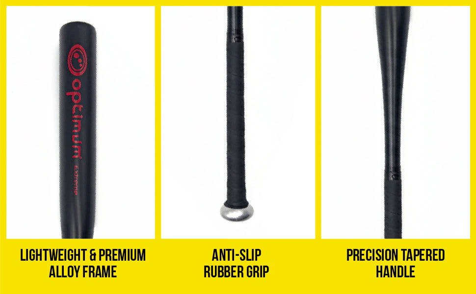 Info graphic: Extreme bat features - lightweight alloy frame, anti-slip rubber grip, precision tapered handle - Optimum