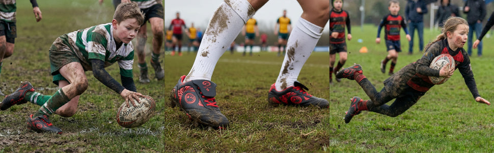 Feature graphic: three photos of players diving for the ball in Razor rugby boots on muddy pitches - Optimum
