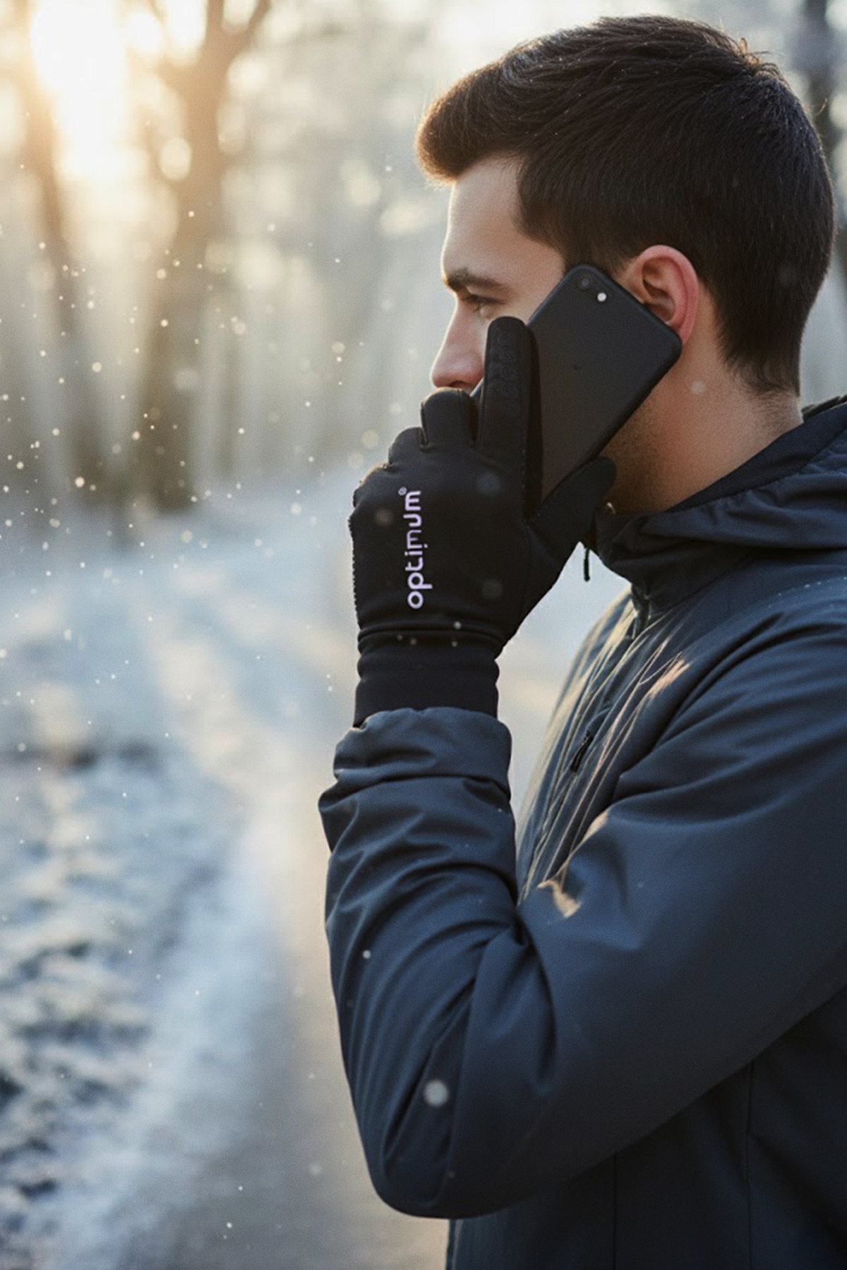 Man wearing black Optimum touchscreen gloves holding a phone to his ear in snowy woodland - Optimum