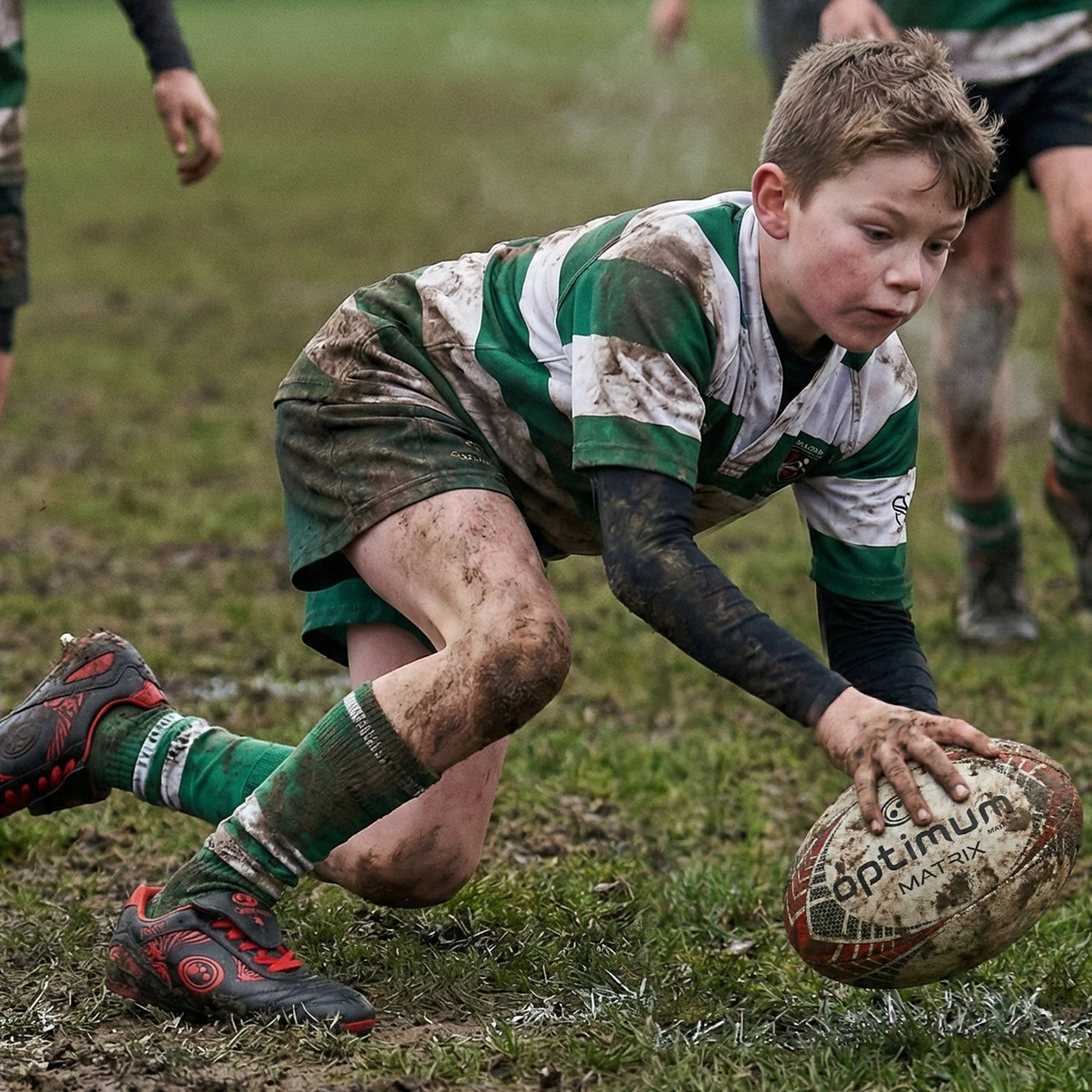 Junior rugby player in green and white kit grounding an Optimum Matrix ball for a try on muddy pitch - Optimum