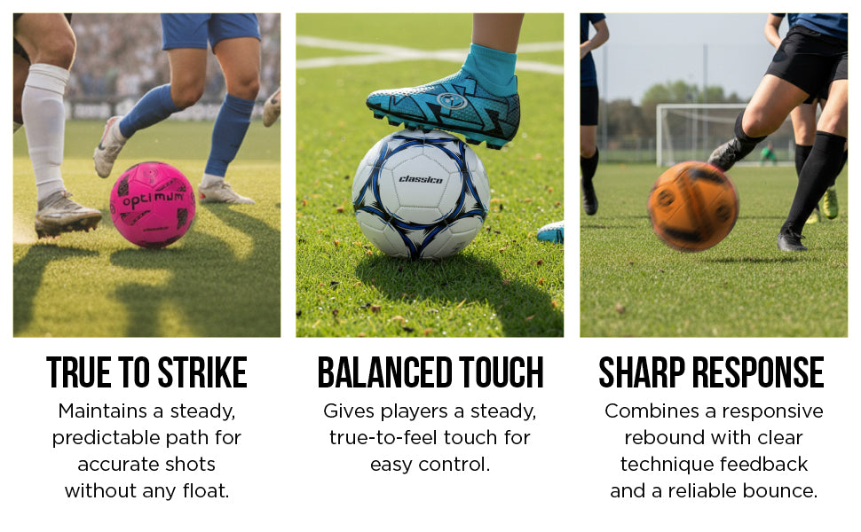 Info graphic: True to Strike, Balanced Touch, Sharp Response - Classico football benefits - Optimum