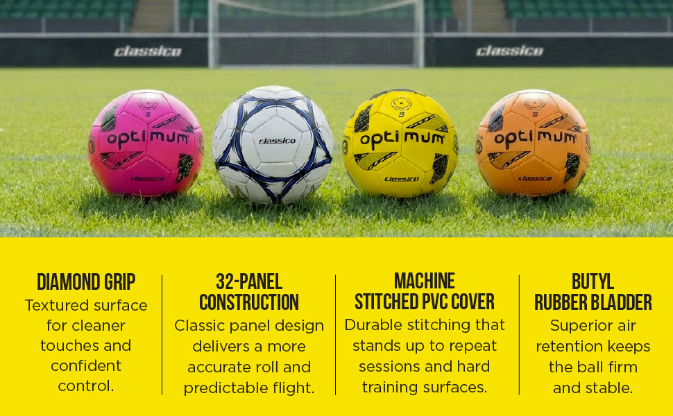 Info graphic: Classico football features - diamond grip, 32-panel stitched PVC, butyl bladder - Optimum