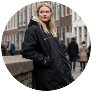 Dry Wrap category button: circular photo of woman in black changing robe on a street - Optimum