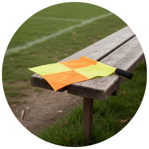 Equipment category button: circular photo of orange and yellow marker flags by a pitch - Optimum