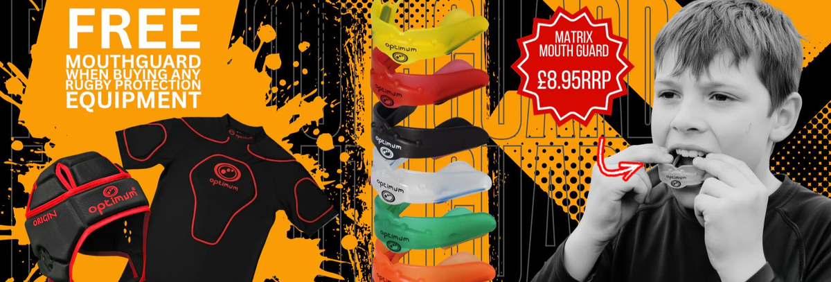 Free Mouthguard promo banner: rugby protection kit, coloured Matrix mouthguards and boy fitting one - Optimum