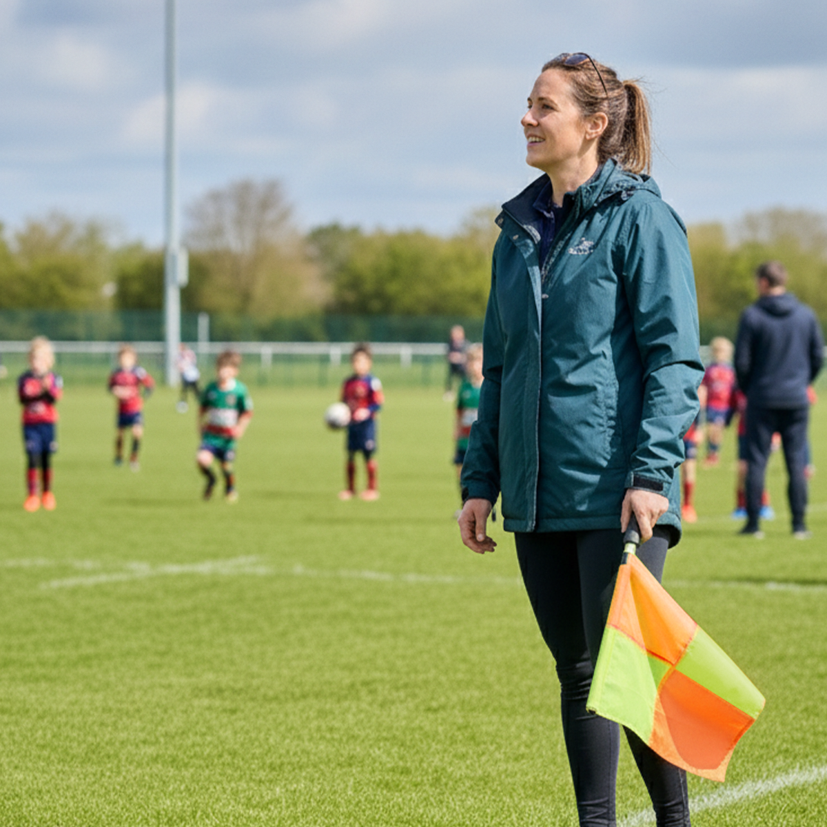 Lifestyle photo of woman assistant referee in teal Optimum jacket holding linesman flag, junior rugby behind - Optimum