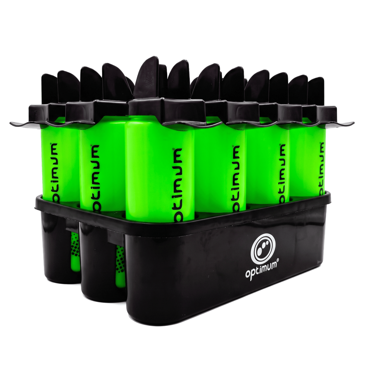 Optimum bottle carrier with 12 green and black Aqua Spray water bottles - Optimum Sport