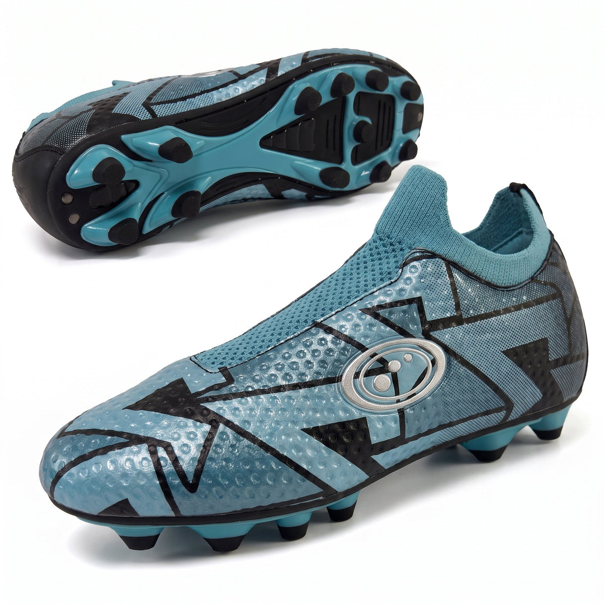 Blue Optimum Aztec laceless football boot, side and sole views showing moulded studs and sock collar - Optimum