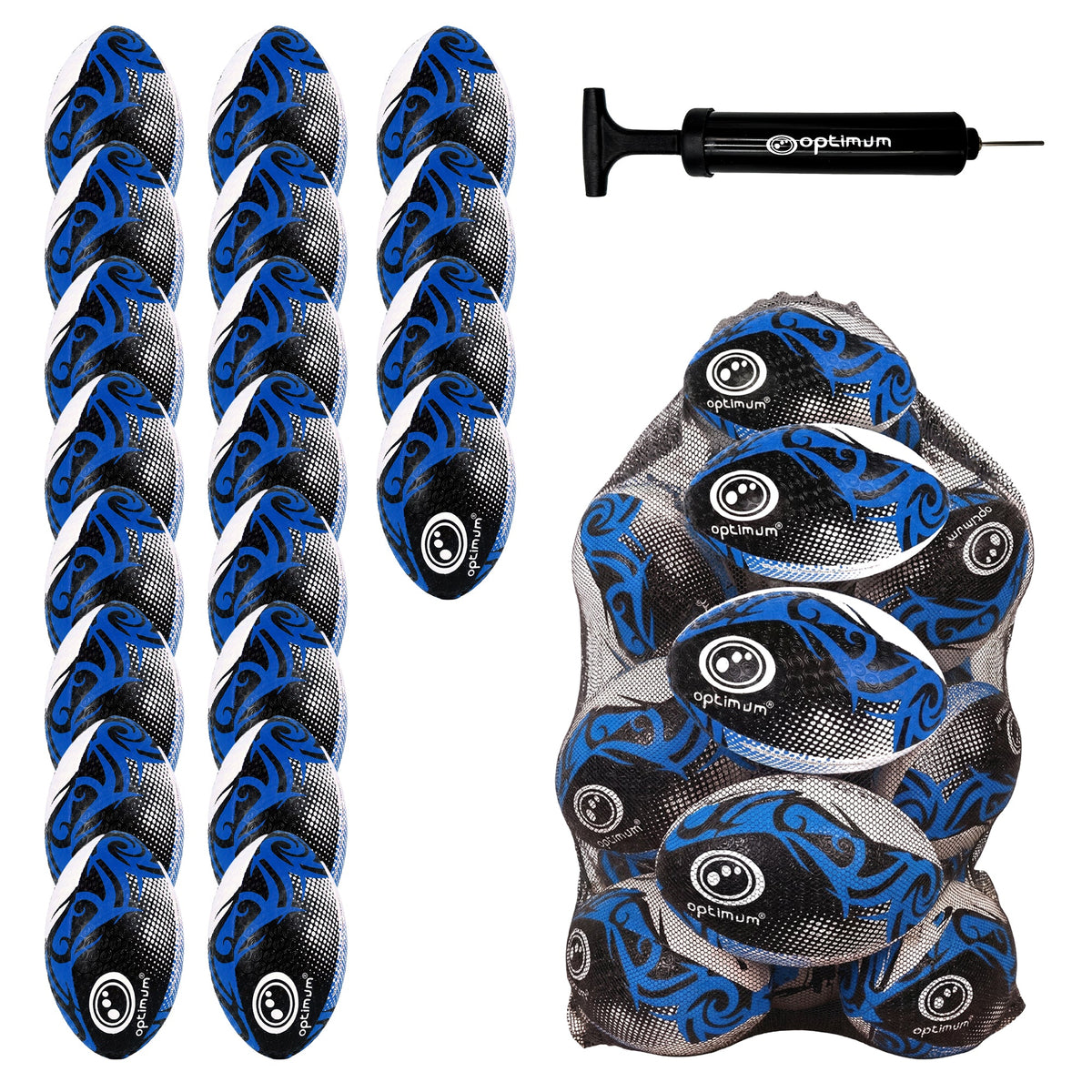 Optimum Bulk Razor Rugby Ball in Blue — pack of 20 with free pump and carrier