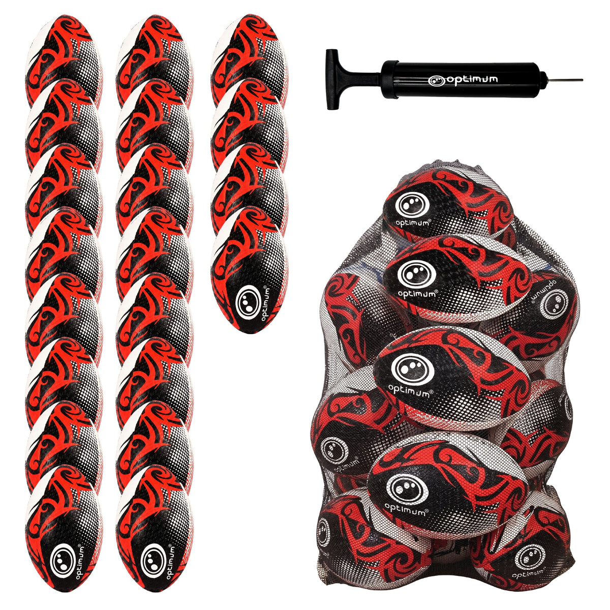 Optimum Bulk Razor Rugby Ball in Red — pack of 20 with free pump and carrier
