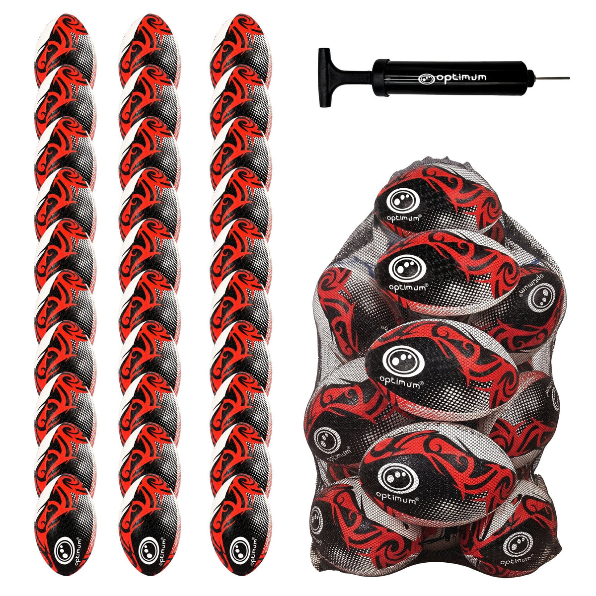 Optimum Bulk Razor Rugby Ball in Red — pack of 30 with free pump and carrier