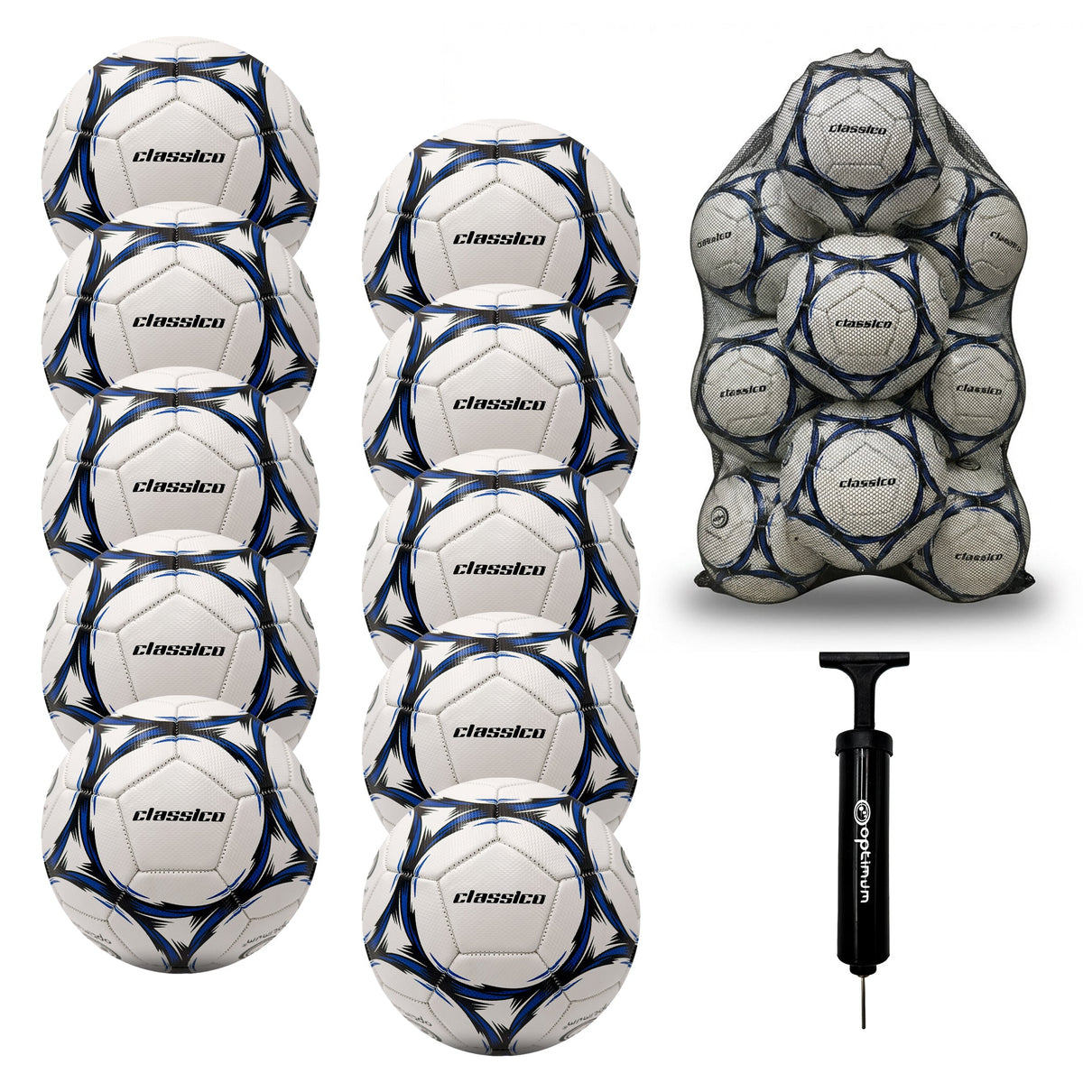 Optimum Classico bulk football pack in Blue — pack of 10 with free mesh carrier and pump
