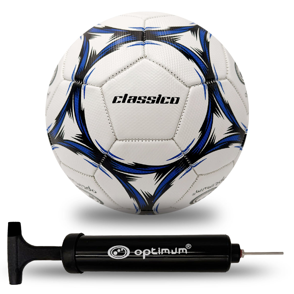 Optimum Classico Football in Black/Blue, shown with a pump