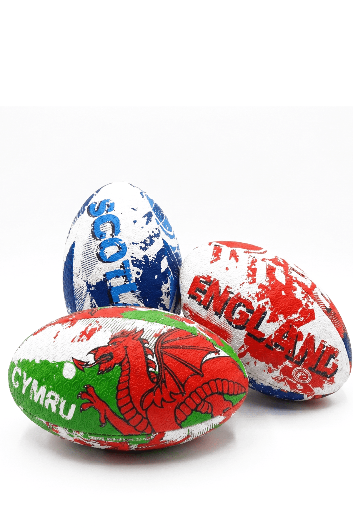 Scotland, England and Wales Optimum rugby balls arranged together on a plain white background - Optimum