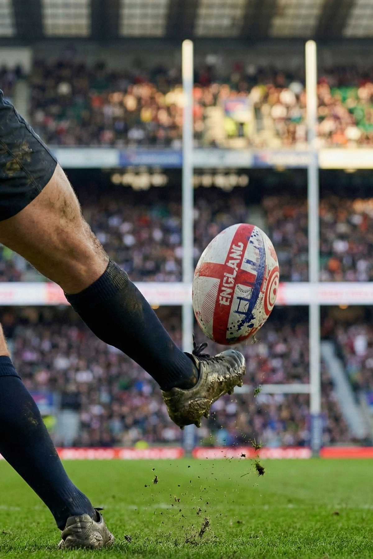 Player kicking a white and red Optimum England rugby ball in a packed stadium, ball mid-air - Optimum