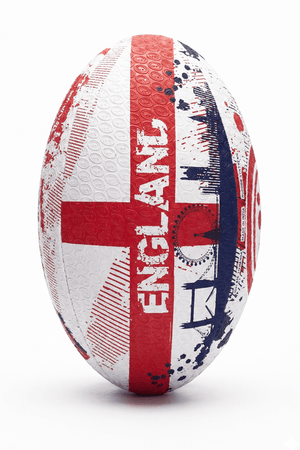 White and red Optimum England rugby ball with St George's cross and ENGLAND print, upright on white - Optimum