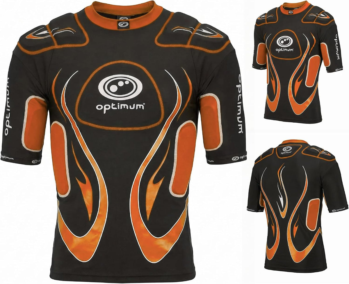 Optimum Inferno Rugby Shoulder Pads Top in Black/Orange, World Rugby approved 12-pad EVA protective top - Optimum