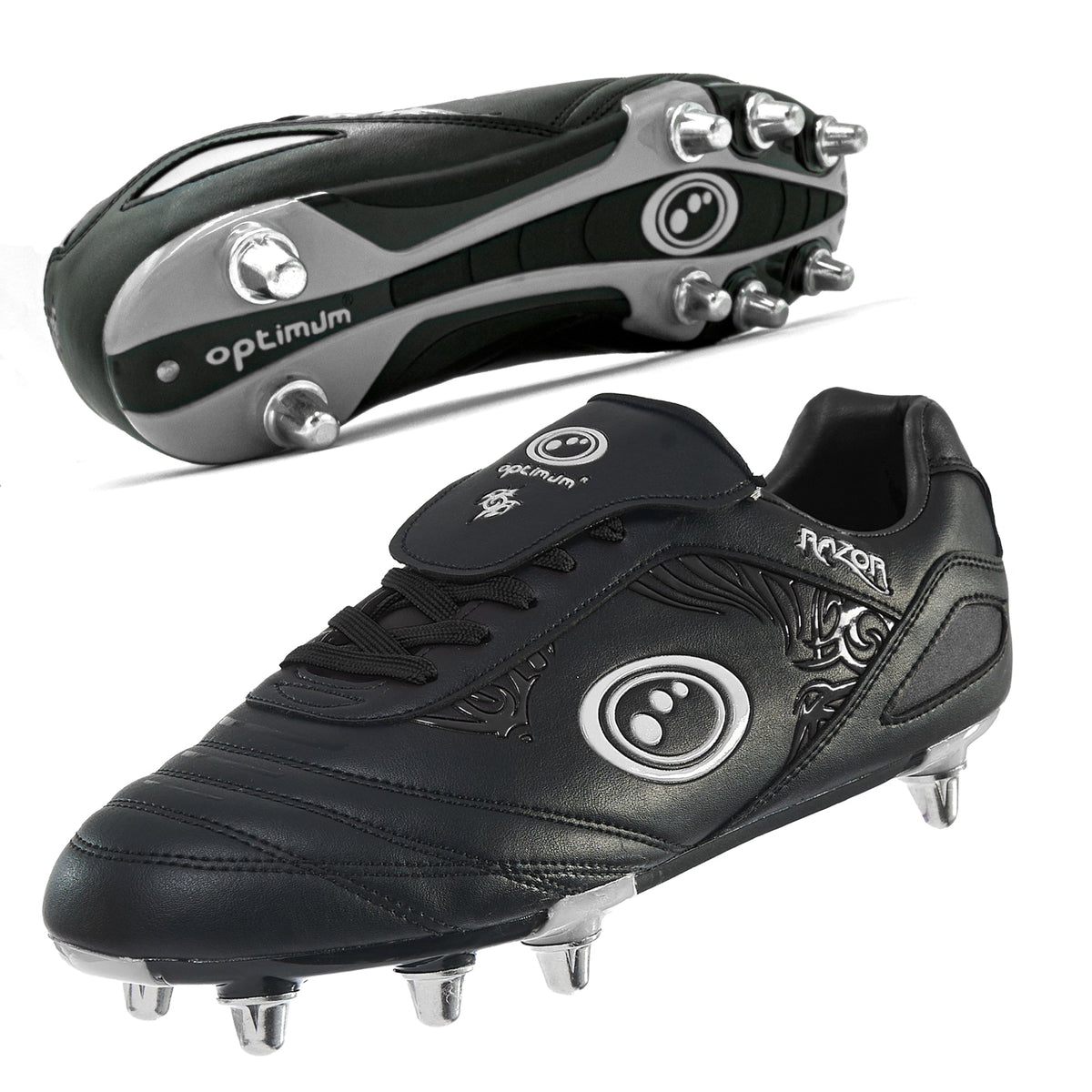 All-black Optimum Razor rugby boot showing grey sole and eight studs on white background - Optimum
