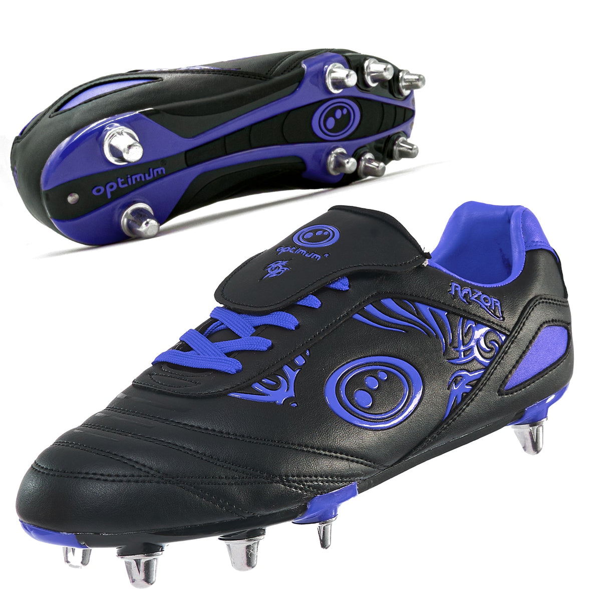 Black and blue Optimum Razor rugby boot showing sole and eight studs on white background - Optimum