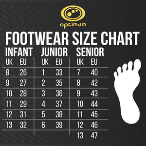 Optimum footwear size chart with UK and EU infant, junior and senior sizes and white foot graphic on black - Optimum