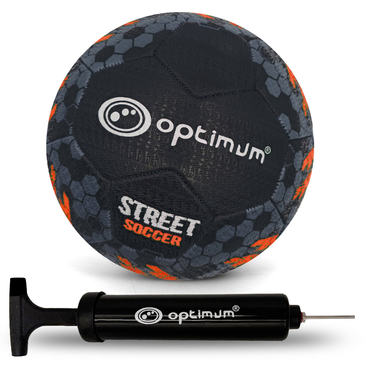 Street Football – Orange with hand pump, tyre-grip all-surface match & training ball, Sizes 3–5 - Optimum