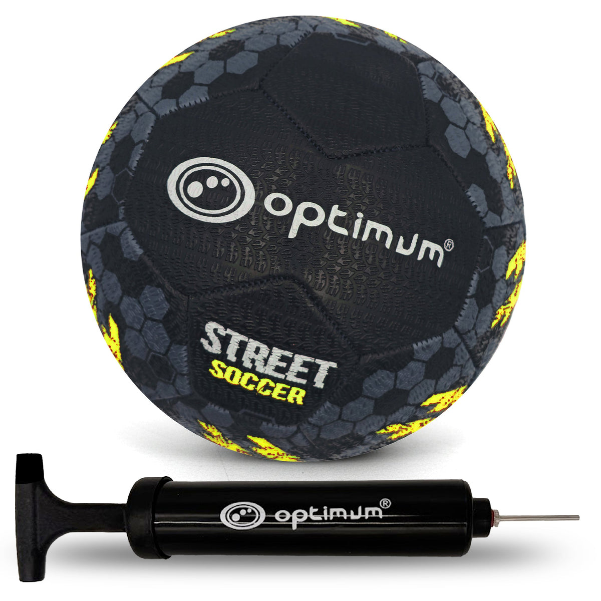 Street Football – Yellow with hand pump, tyre-grip all-surface match & training ball, Sizes 3–5 - Optimum