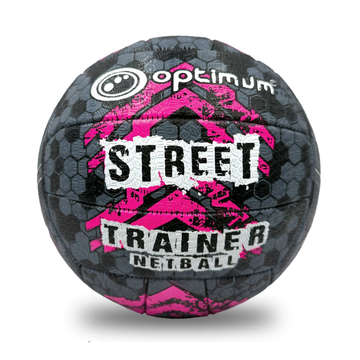 Optimum Street Trainer netball, black and grey with pink chevron print, front view on white - Optimum