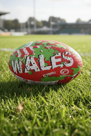 Red, green and white Optimum Wales rugby ball with WALES CYMRU print on a grass pitch by a stadium - Optimum