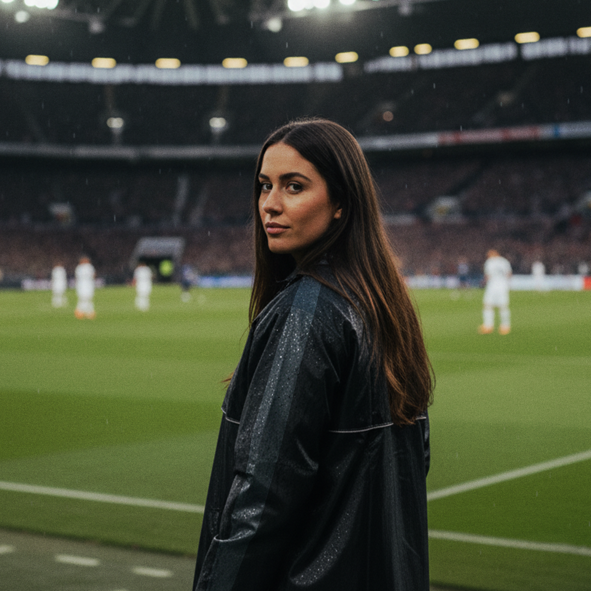 Woman wearing a black waterproof jacket pitchside at a floodlit stadium - Optimum