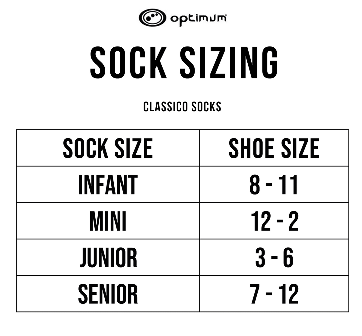 Optimum Classico socks sizing chart with infant, mini, junior and senior shoe-size table on white - Optimum