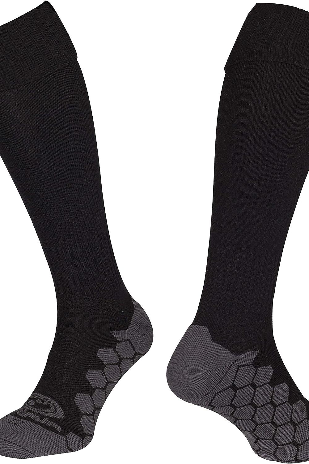 Pair of black Classico football socks with grey hexagonal grip footbed on white - Optimum