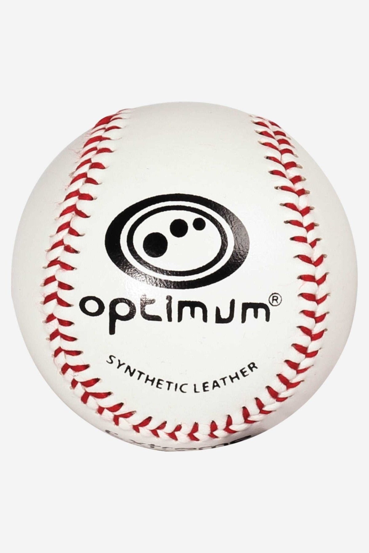 White Optimum baseball with red stitching, black logo and Synthetic Leather text, on white - Optimum