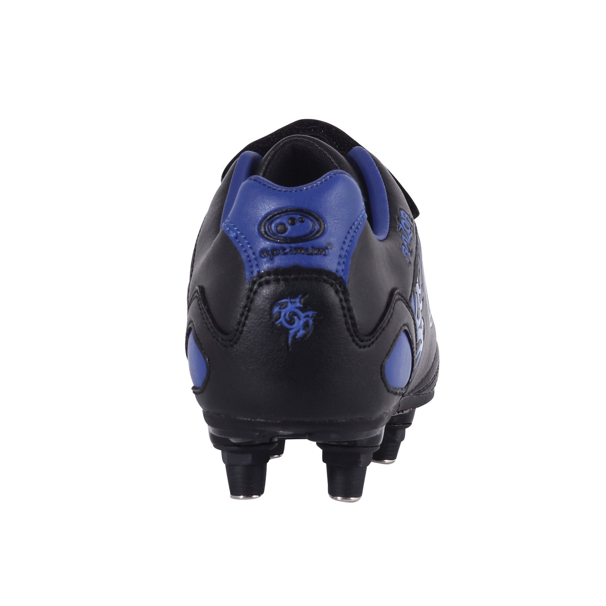 Black and blue junior Optimum Razor football boot, rear heel view with blue logo and screw-in studs - Optimum