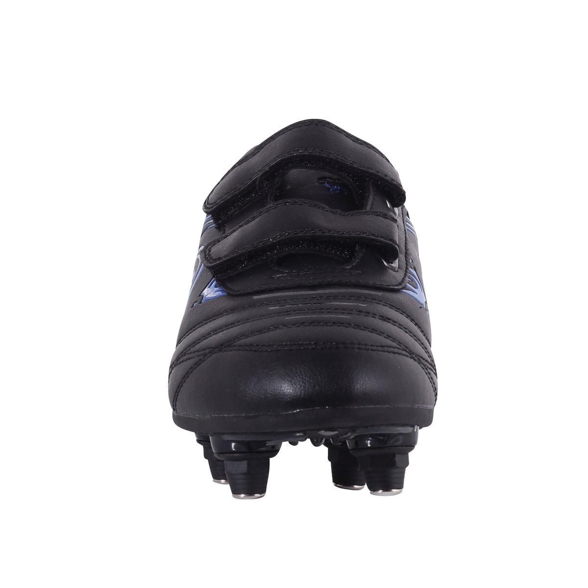 Black junior Optimum Razor football boot, front-on view with twin touch-fasten straps and screw-in studs - Optimum