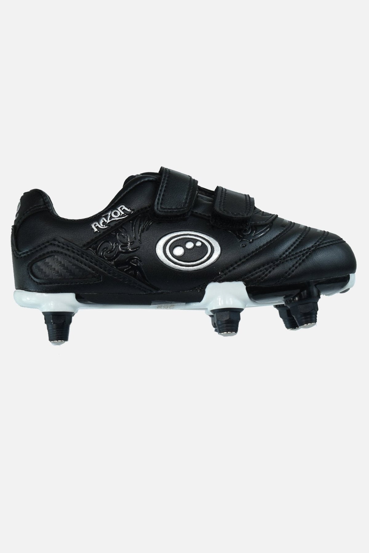 Black junior Optimum Razor football boot, side view with white logo, twin touch-fasten straps and screw-in studs - Optimum