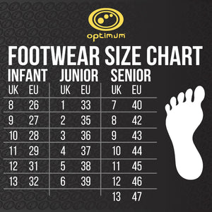 Optimum footwear size chart with infant, junior and senior UK and EU columns on black - Optimum